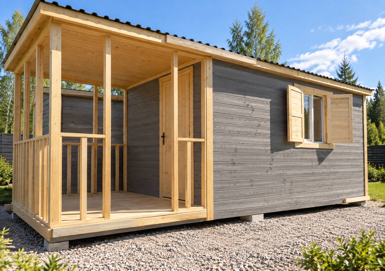 Дачная бытовка из дерева с верандой